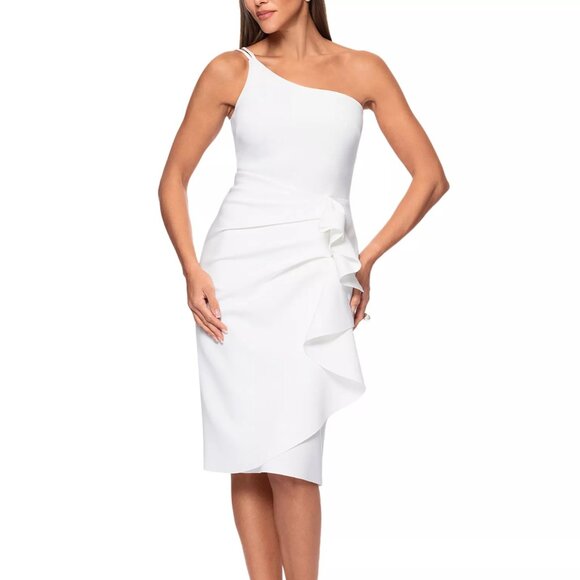 219$ AQUA Asymmetrical One Shoulder Scuba Bodycon Party Dress Size 8 Ivory - Picture 2 of 4